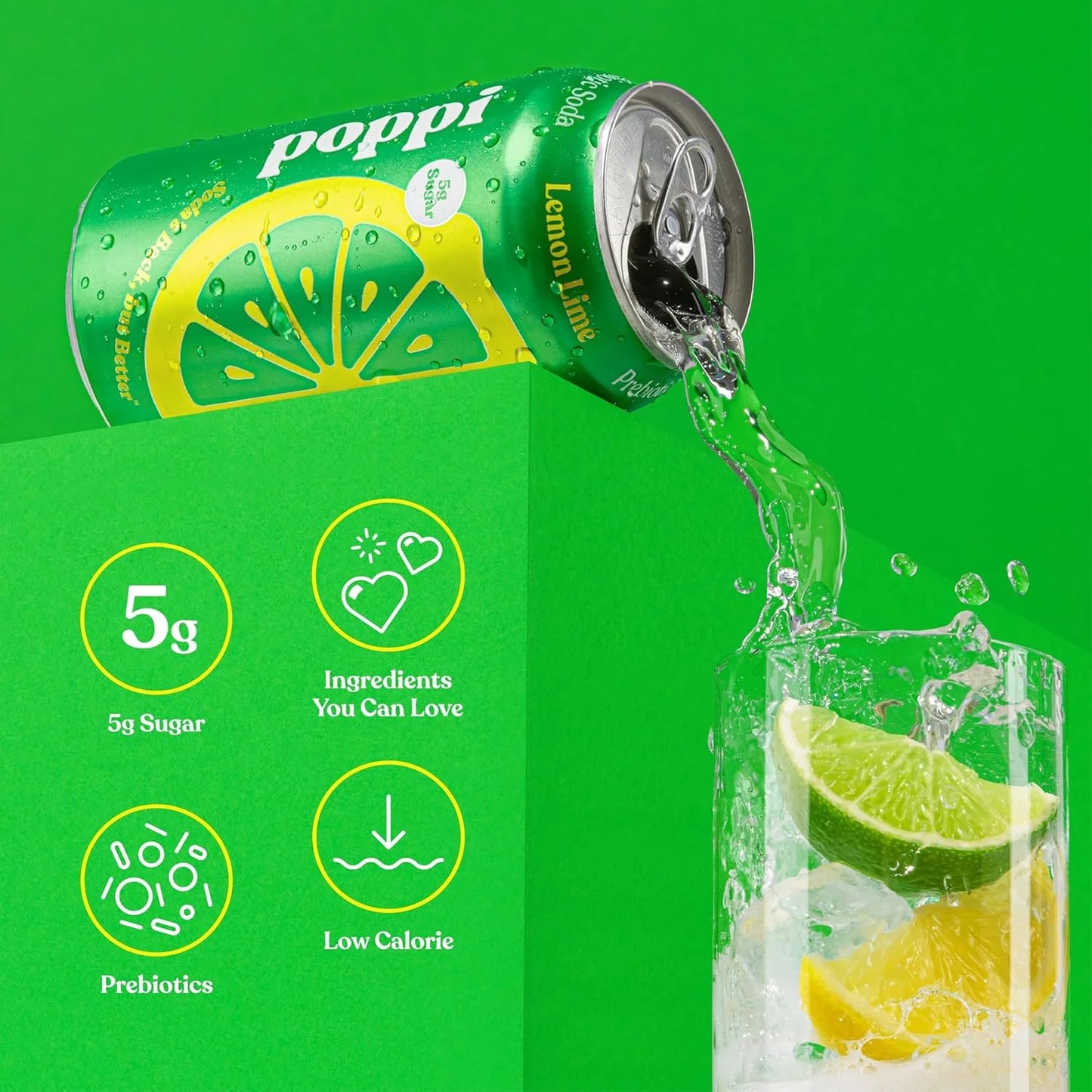 Poppi Prebiotic Soda, Sparkling Water & Fruit Juice, Lemon Lime, 12 Oz, 12 Pack