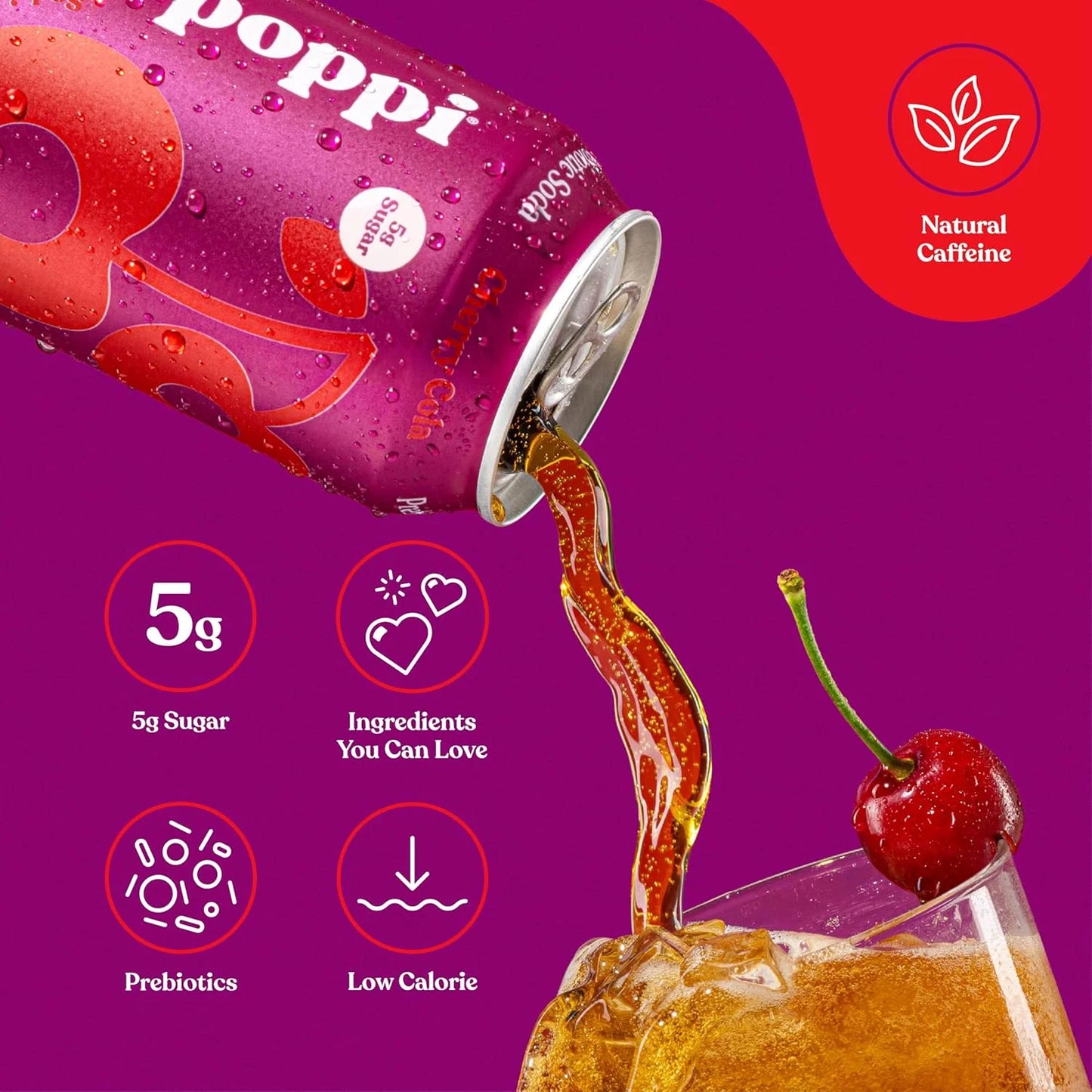 Poppi Prebiotic Soda, Sparkling Water & Fruit Juice, Cherry Cola, 12 Oz, 12 Pack