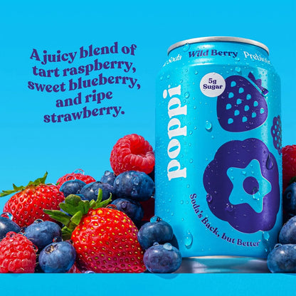 Poppi Prebiotic Soda, Sparkling Water & Fruit Juice, Wild Berry, 12 Oz, 12 Pack