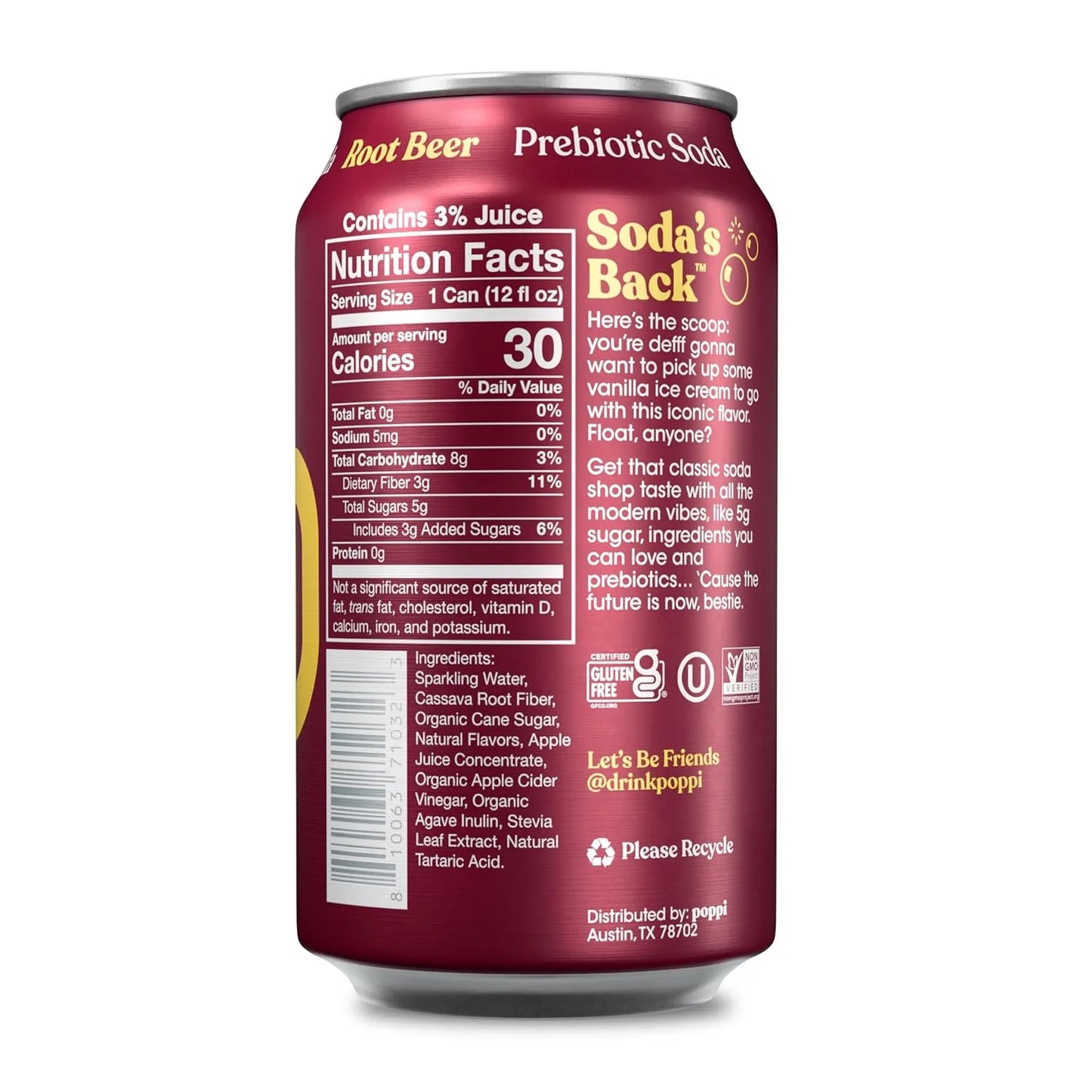 Poppi Prebiotic Soda, Root Beer, 12 Oz, 12 Pack