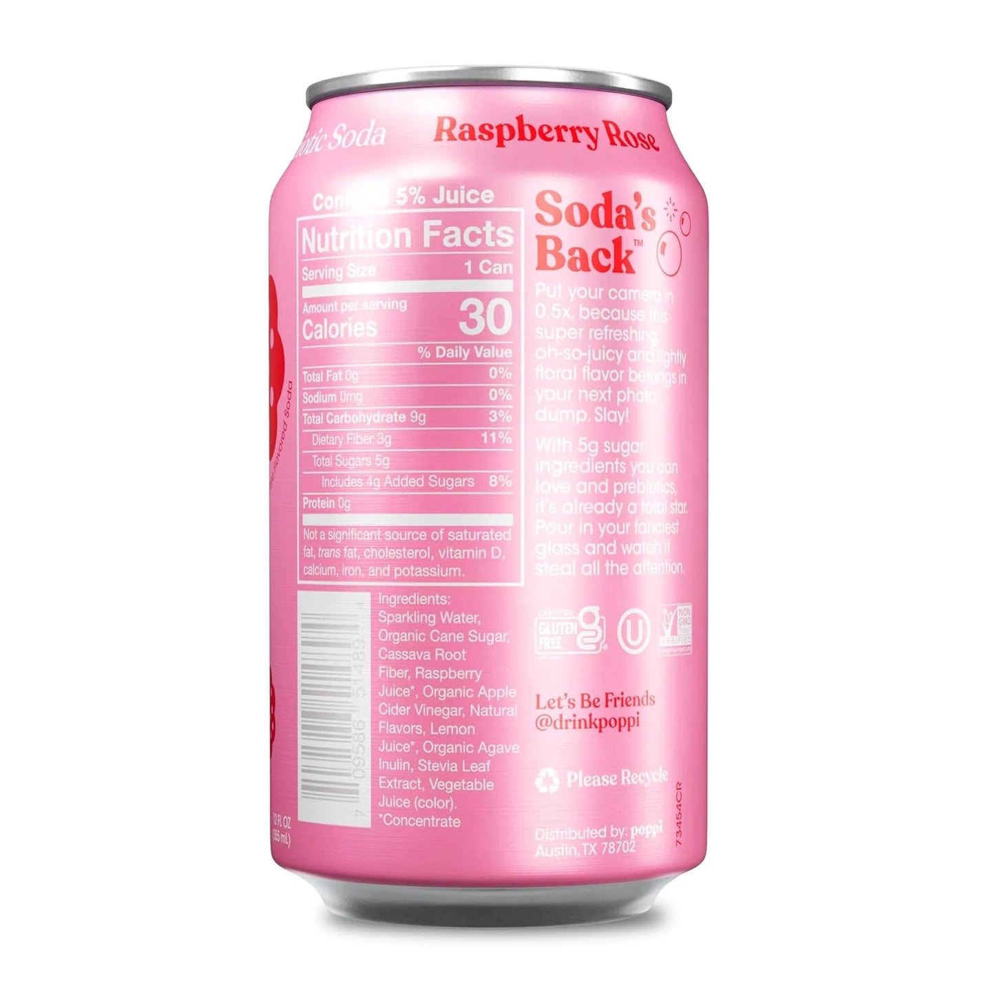 Poppi Prebiotic Soda, Raspberry Rose, 12 Oz, 12 Pack