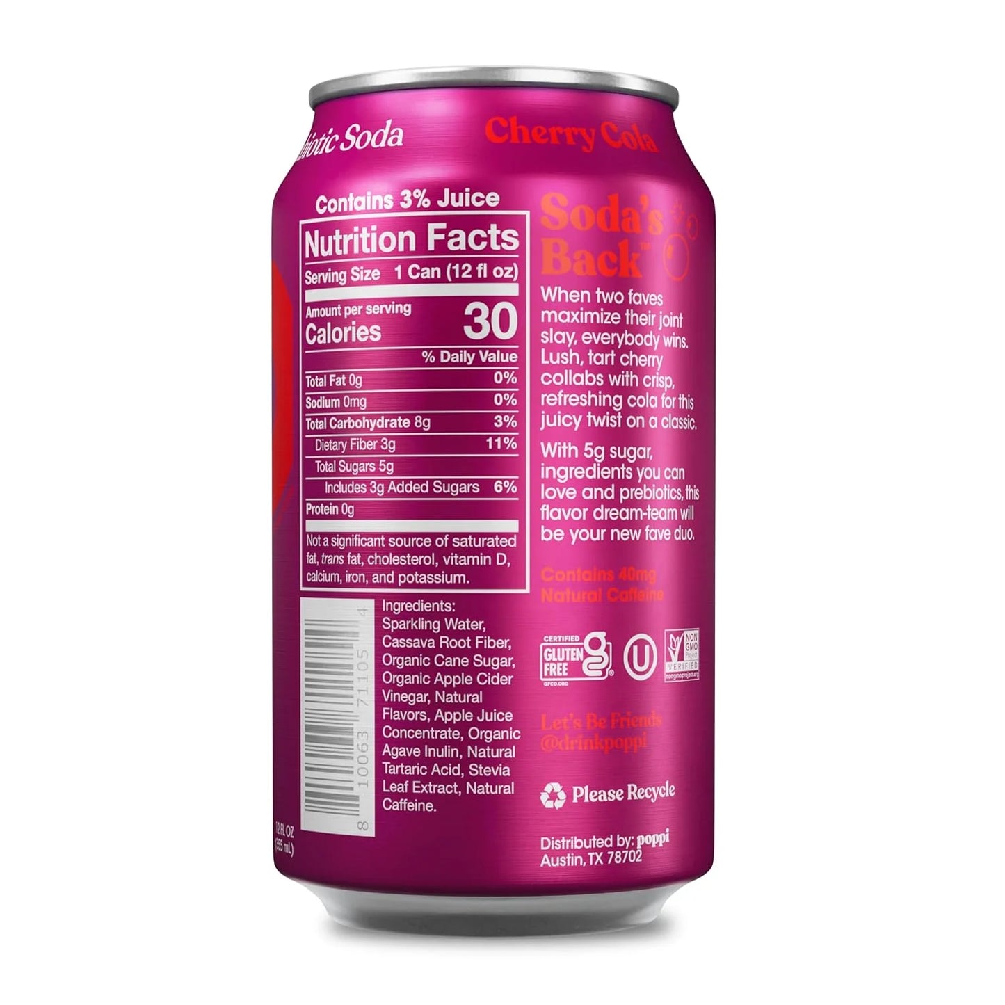 Poppi Prebiotic Soda, Sparkling Water & Fruit Juice, Cherry Cola, 12 Oz, 12 Pack
